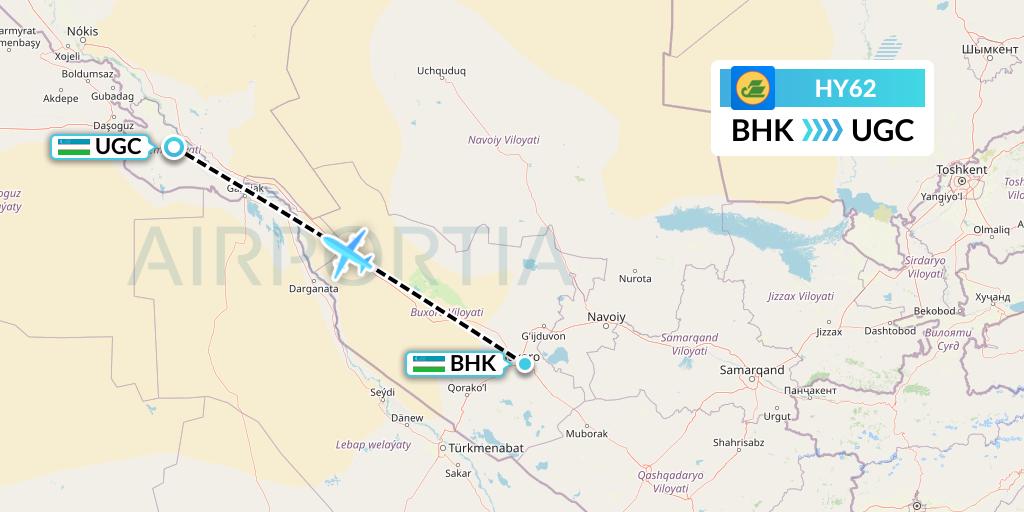 HY62 Uzbekistan Airways Flight Map: Bukhara to Urgench