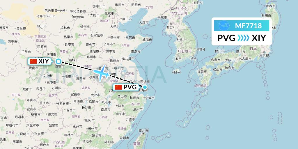 MF7718 Xiamen Airlines Flight Map: Shanghai to Xi'an