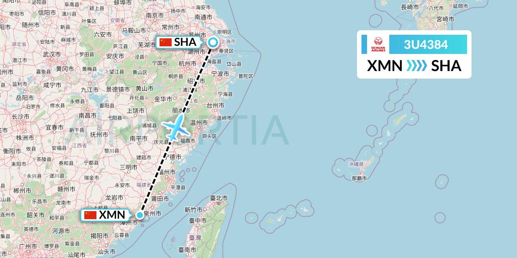 3U4384 Sichuan Airlines Flight Map: Xiamen to Shanghai