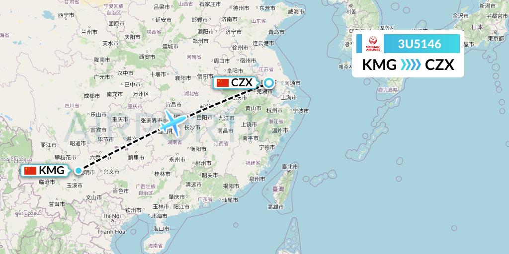 3U5146 Sichuan Airlines Flight Map: Kunming to Changzhou