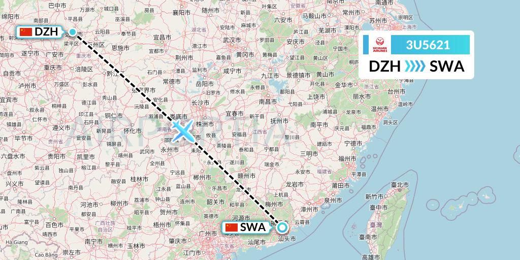 3U5621 Sichuan Airlines Flight Map: Dazhou to Jieyang