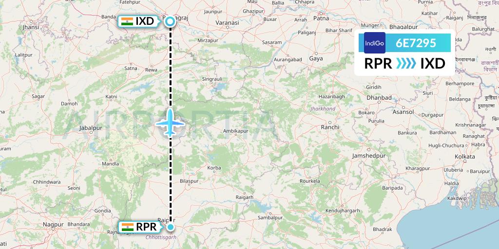 6E7295 IndiGo Airlines Flight Map: Raipur to Allahabad