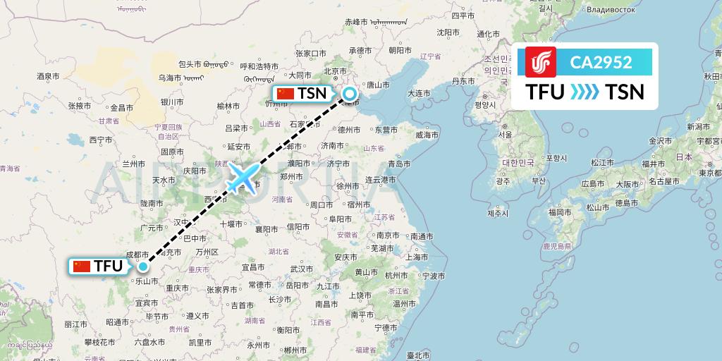 CA2952 Air China Flight Map: Chengdu to Tianjin