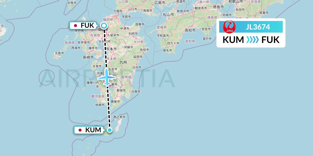 JL3674 Japan Airlines Flight Map: Yakushima to Fukuoka