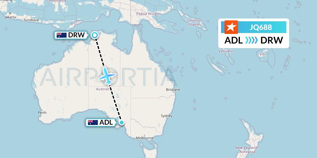 JQ688 Jetstar Airways Flight Map: Adelaide to Darwin