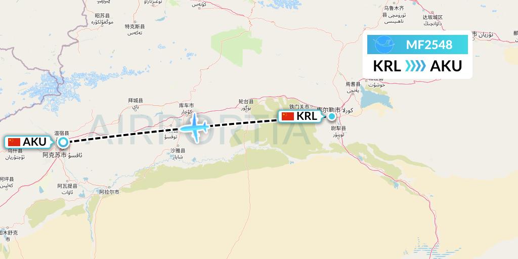 MF2548 Xiamen Airlines Flight Map: Korla to Aksu