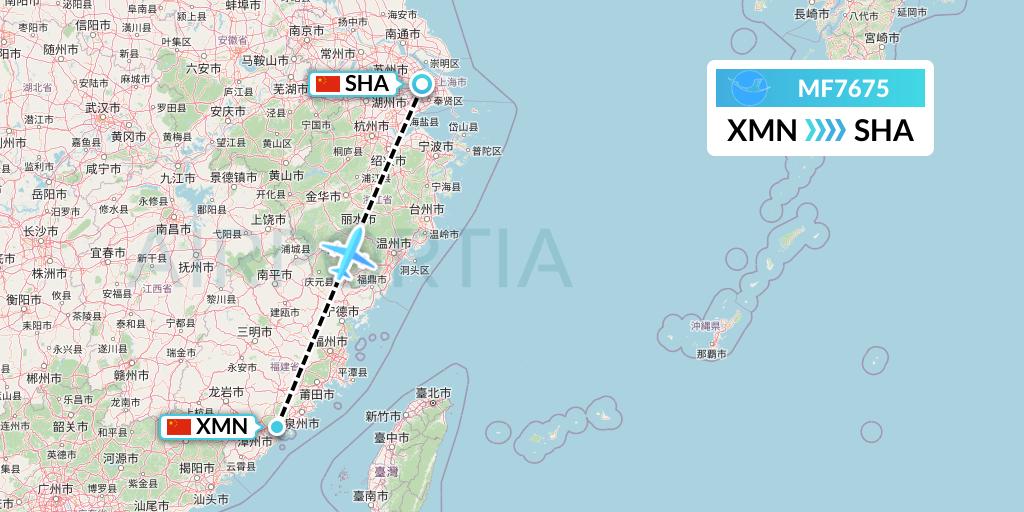 MF7675 Xiamen Airlines Flight Map: Xiamen to Shanghai