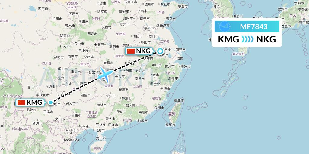 MF7843 Xiamen Airlines Flight Map: Kunming to Nanjing