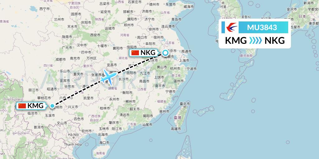 MU3843 China Eastern Airlines Flight Map: Kunming to Nanjing