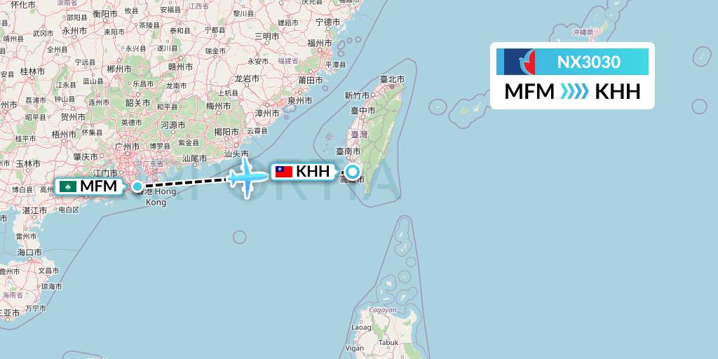 NX3030 Air Macau Flight Map: Macau to Kaohsiung