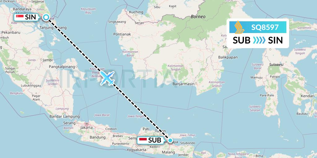 SQ8597 Singapore Airlines Flight Map: Surabaya to Singapore