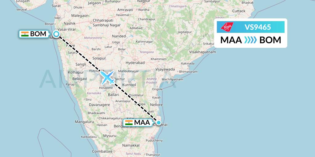 VS9465 Virgin Atlantic Airways Flight Map: Chennai to Mumbai