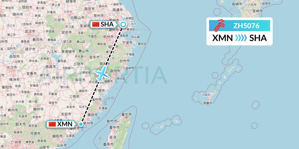 ZH5076 Shenzhen Airlines Flight Map: Xiamen to Shanghai
