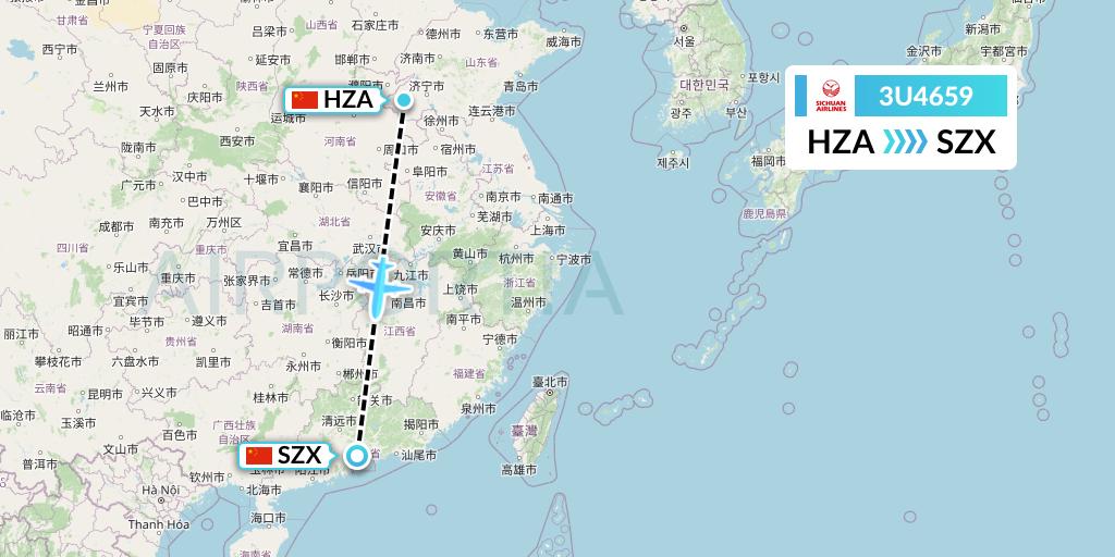 3U4659 Sichuan Airlines Flight Map: Jinan to Shenzhen