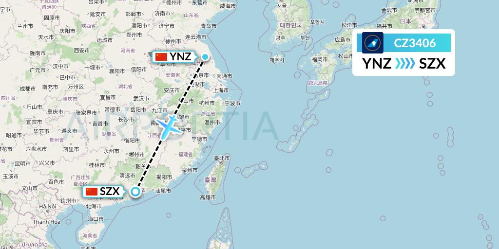 CZ3406 China Southern Airlines Flight Map: Yancheng to Shenzhen