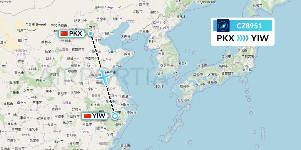 CZ8951 China Southern Airlines Flight Map: Beijing to Yiwu