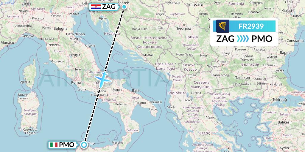 FR2939 Ryanair Flight Map: Zagreb to Palermo