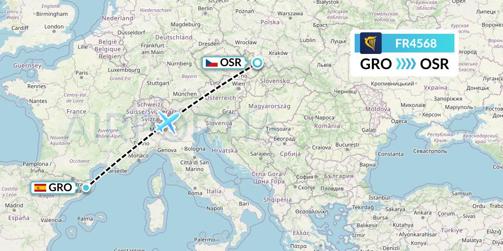 FR4568 Ryanair Flight Map: Girona to Ostrava