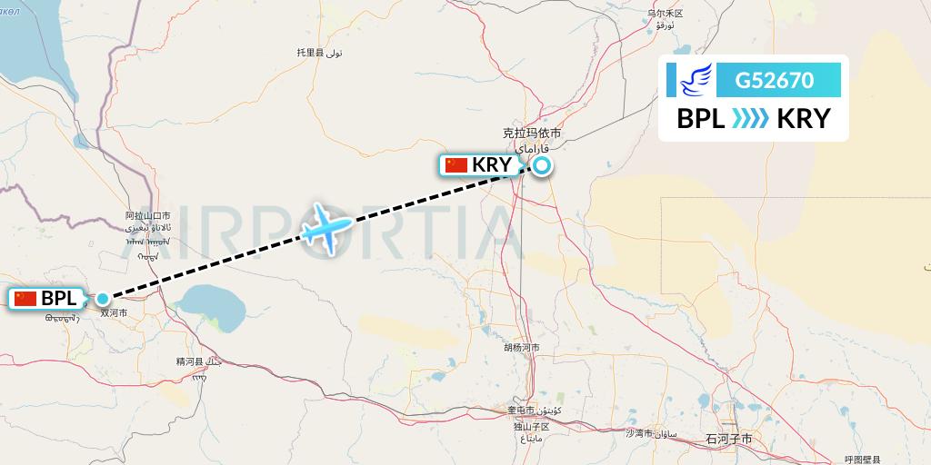G52670 China Express Airlines Flight Map: Bole to Karamay