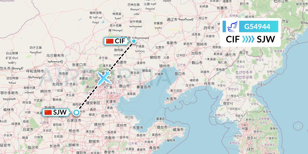 G54944 China Express Airlines Flight Map: Chifeng to Shijiazhuang