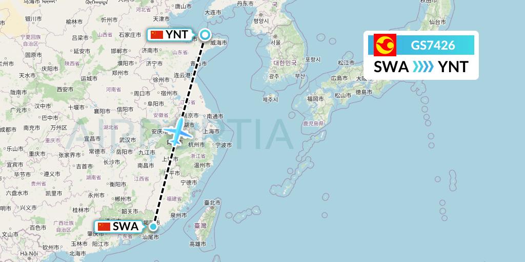 GS7426 Tianjin Airlines Flight Map: Jieyang to Yantai