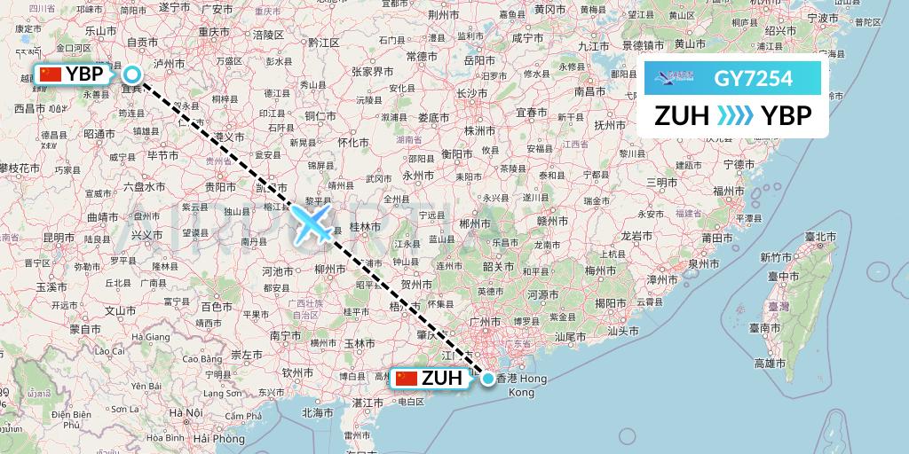 GY7254 Colorful GuiZhou Airlines Flight Map: Zhuhai to Yibin