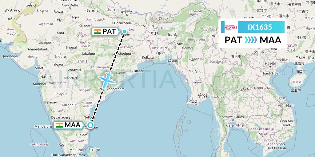 IX1635 Air India Express Flight Map: Patna to Chennai