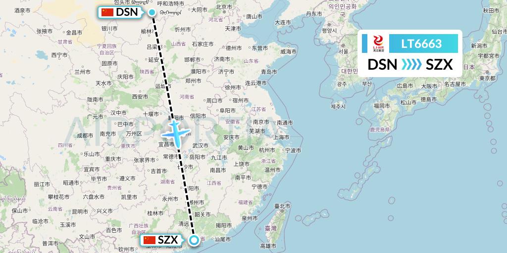 LT6663 LongJiang Airlines Flight Map: Dongsheng to Shenzhen