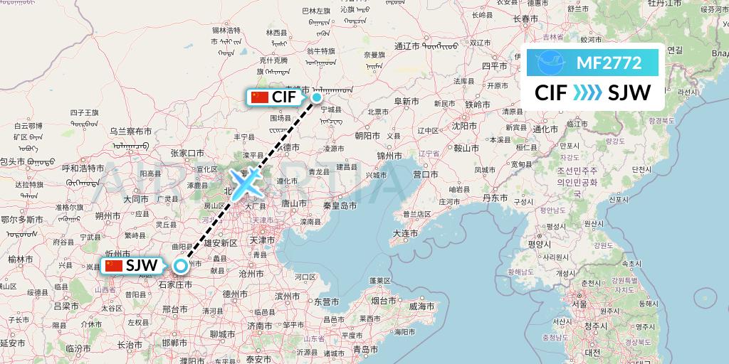 MF2772 Xiamen Airlines Flight Map: Chifeng to Shijiazhuang