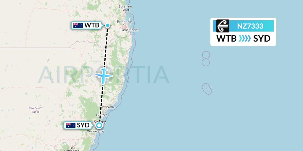 NZ7333 Air New Zealand Flight Map: Toowoomba to Sydney