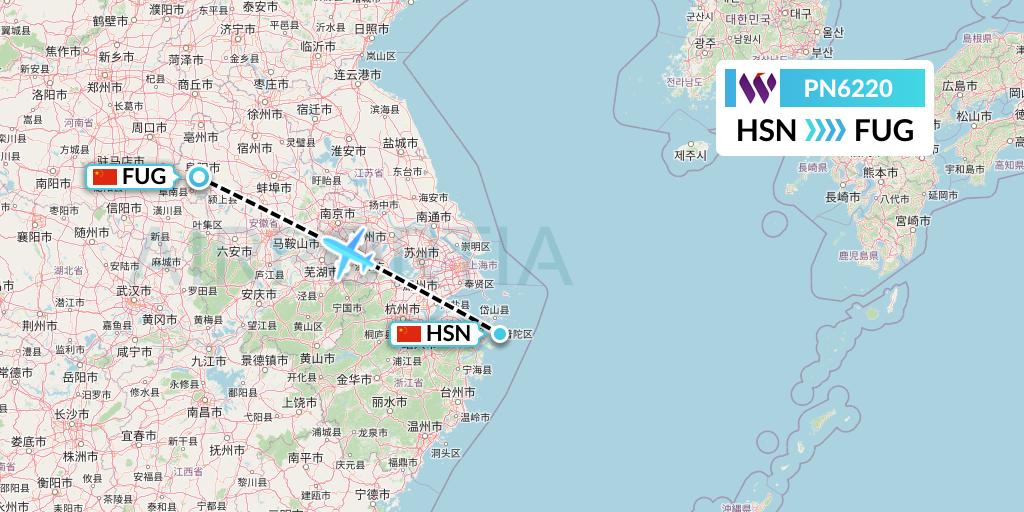 PN6220 China West Air Flight Map: Zhoushan to Fuyang
