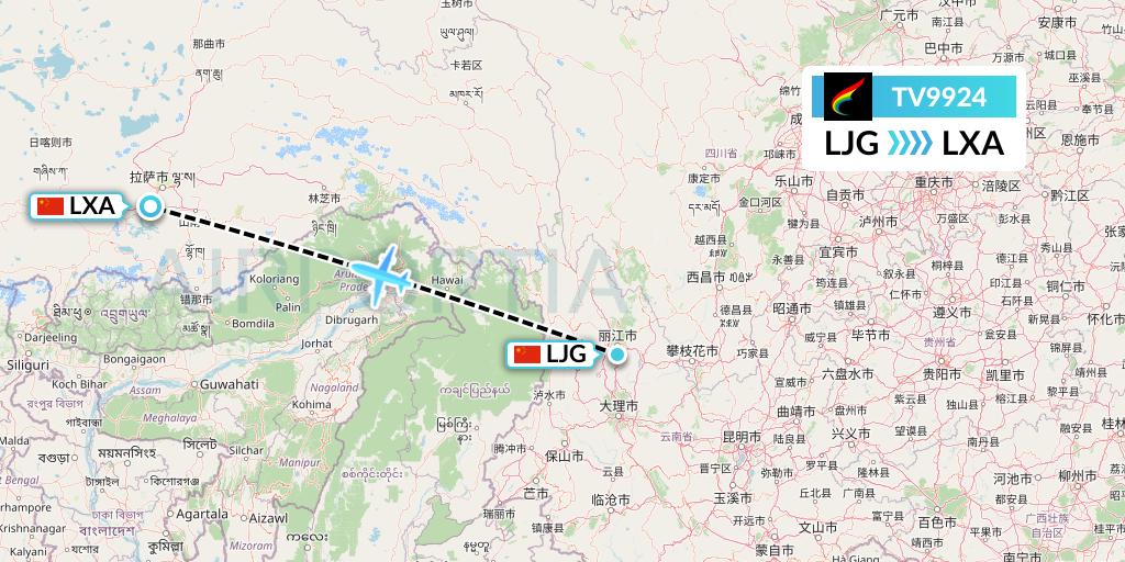 TV9924 Tibet Airlines Flight Map: Lijiang to Lhasa