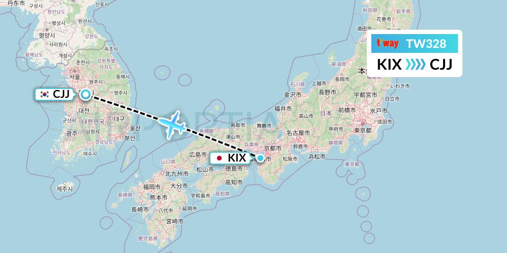TW328 T'way Air Flight Map: Osaka to Cheongju
