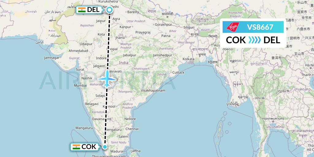 VS8667 Virgin Atlantic Airways Flight Map: Cochin to Delhi