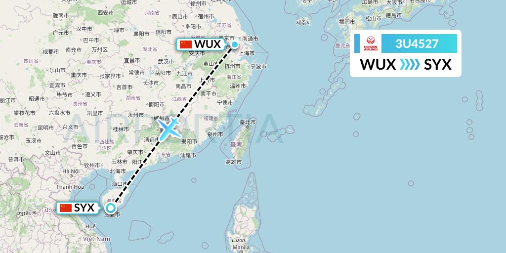 3U4527 Sichuan Airlines Flight Map: Wuxi to Sanya