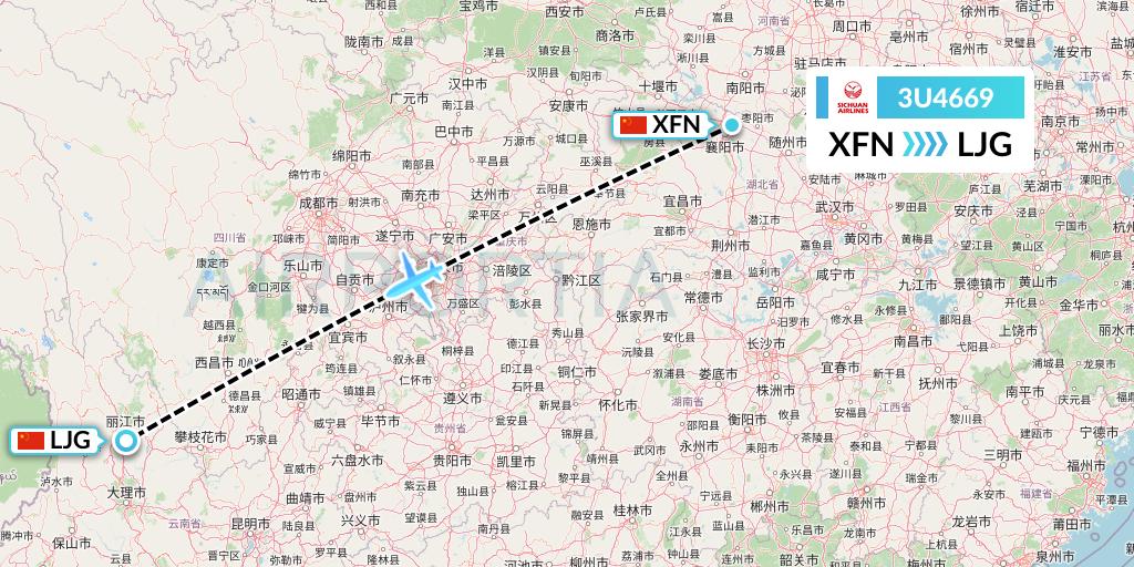 3U4669 Sichuan Airlines Flight Map: Xiangyang to Lijiang