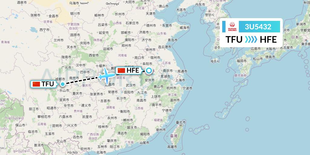 3U5432 Sichuan Airlines Flight Map: Chengdu to Hefei
