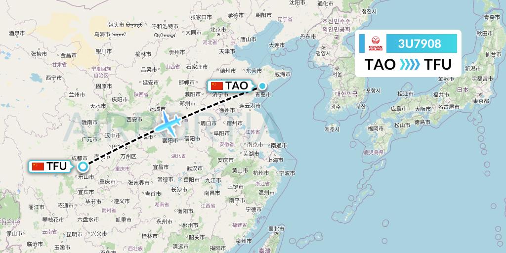 3U7908 Sichuan Airlines Flight Map: Qingdao to Chengdu