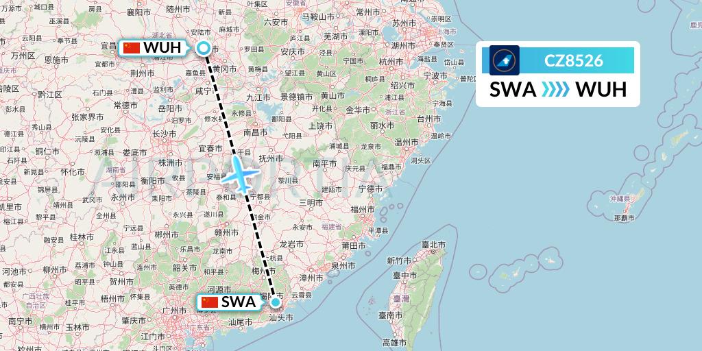 CZ8526 China Southern Airlines Flight Map: Jieyang to Wuhan