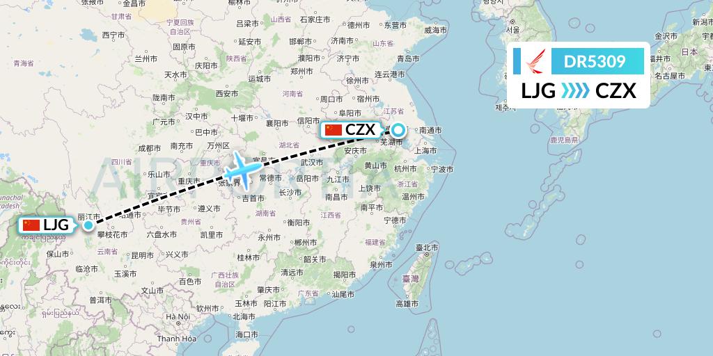 DR5309 Ruili Airlines Flight Map: Lijiang to Changzhou
