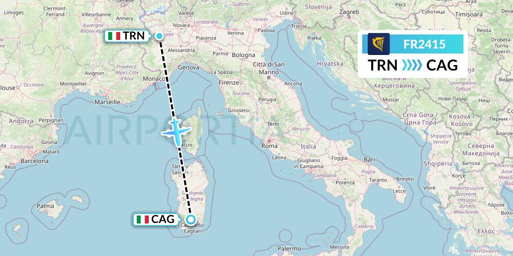 FR2415 Ryanair Flight Map: Turin to Cagliari