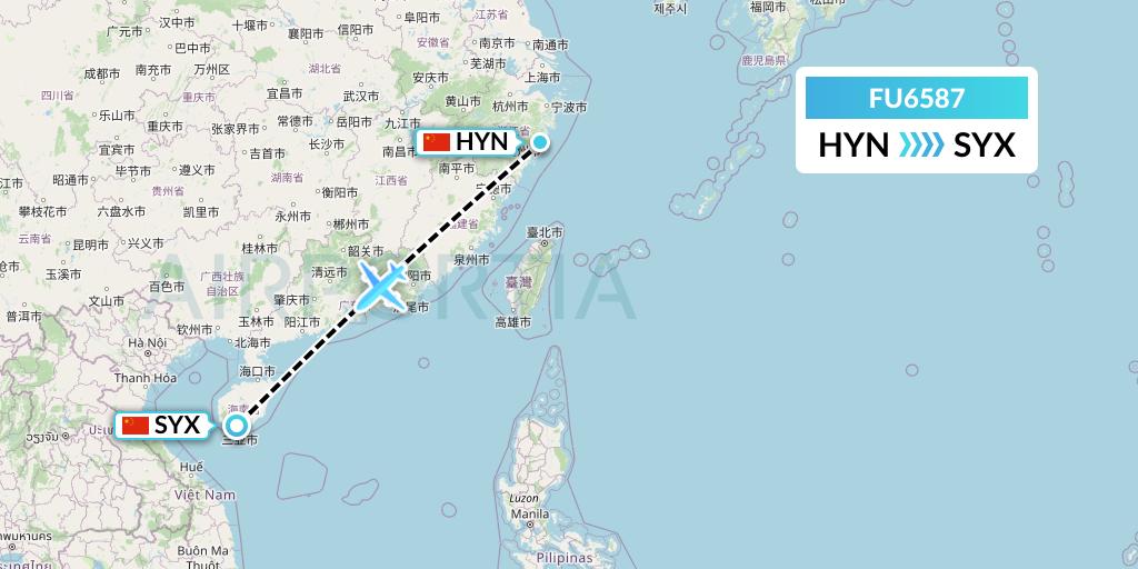 FU6587 Fuzhou Airlines Flight Map: Huangyan to Sanya