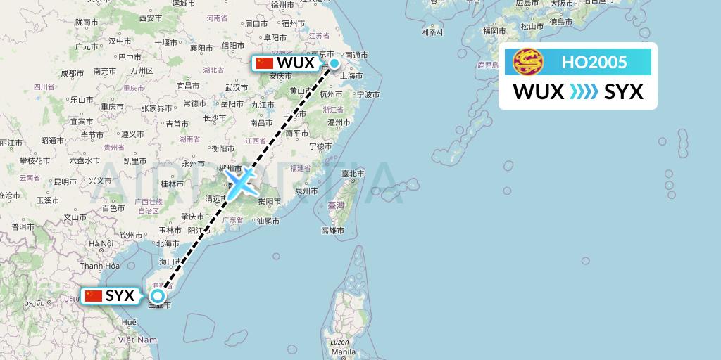 HO2005 Juneyao Airlines Flight Map: Wuxi to Sanya