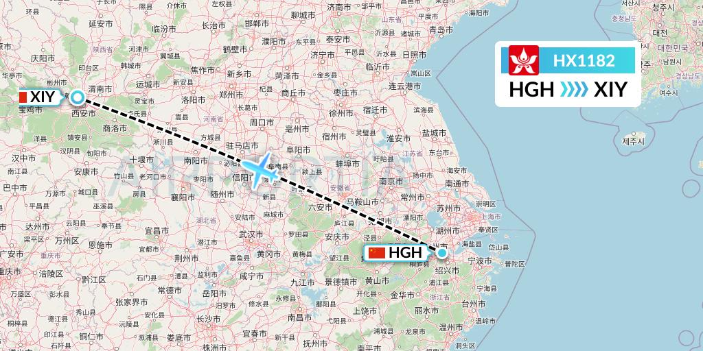 HX1182 Hong Kong Airlines Flight Map: Hangzhou to Xi'an