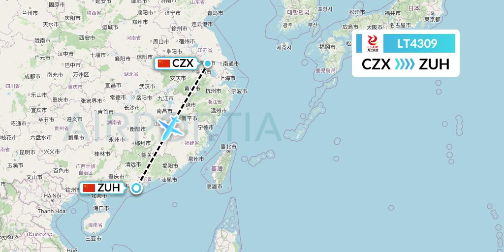 LT4309 LongJiang Airlines Flight Map: Changzhou to Zhuhai