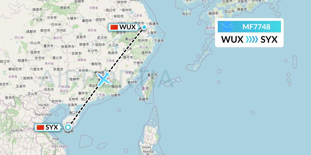 MF7748 Xiamen Airlines Flight Map: Wuxi to Sanya