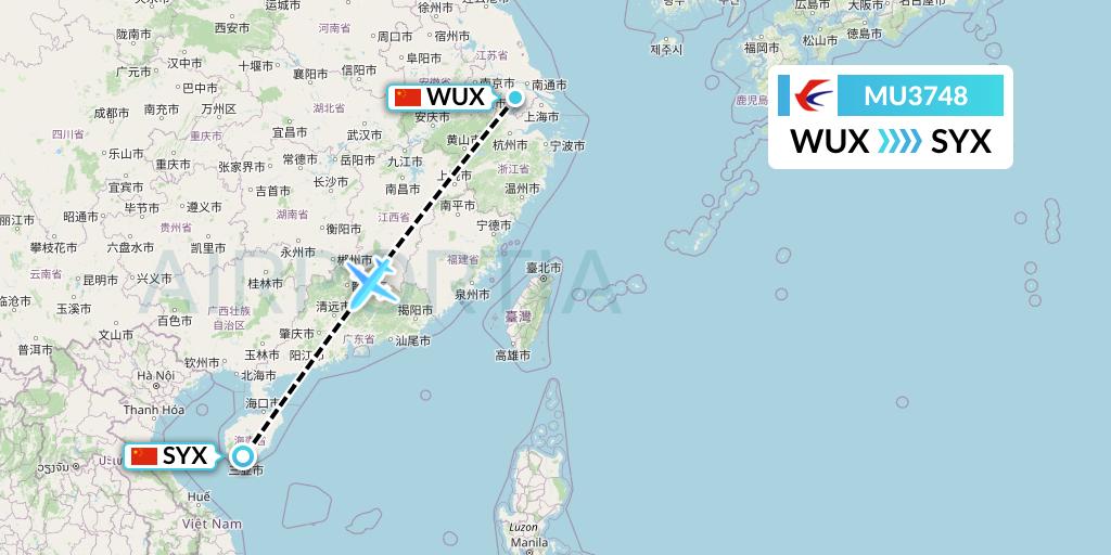 MU3748 China Eastern Airlines Flight Map: Wuxi to Sanya
