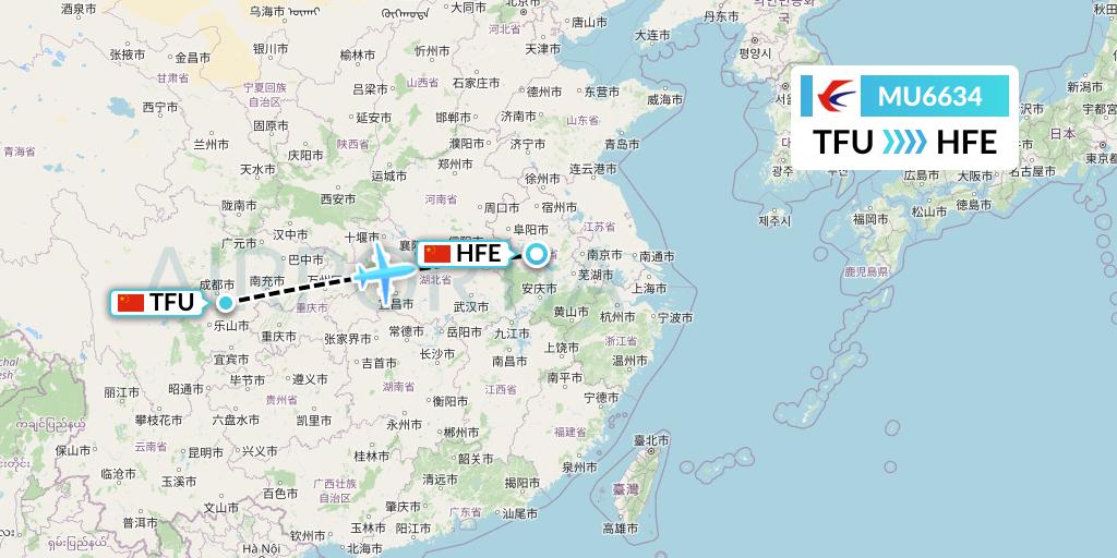 MU6634 China Eastern Airlines Flight Map: Chengdu to Hefei