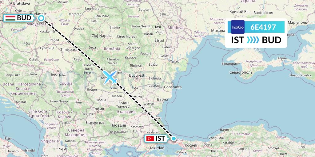 6E4197 IndiGo Airlines Flight Map: Istanbul to Budapest