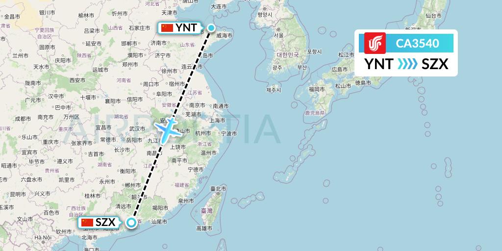 CA3540 Air China Flight Map: Yantai to Shenzhen